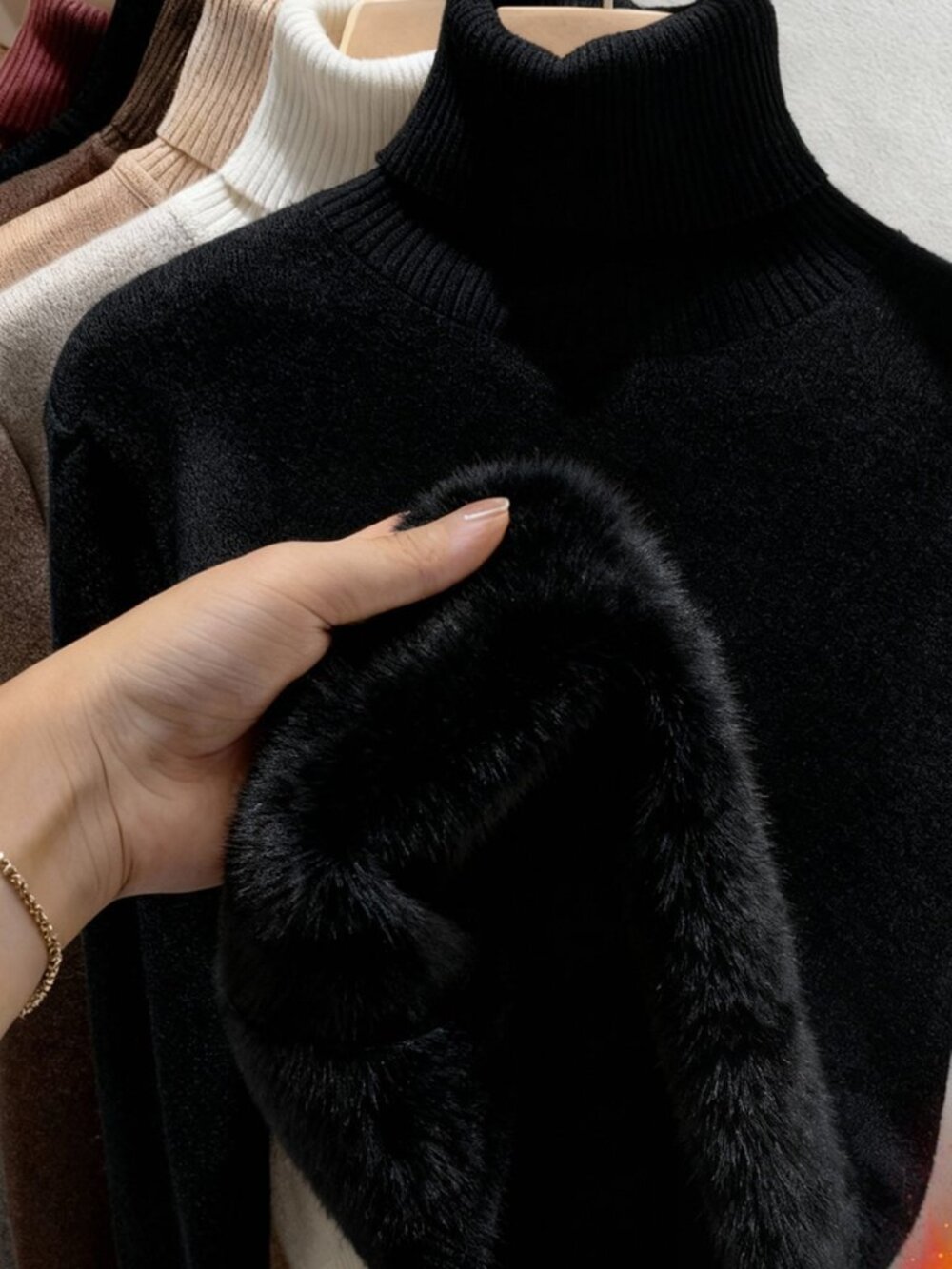 Black Casual Women's High Neck Thickened Seamless Fitted Knit Sweater
